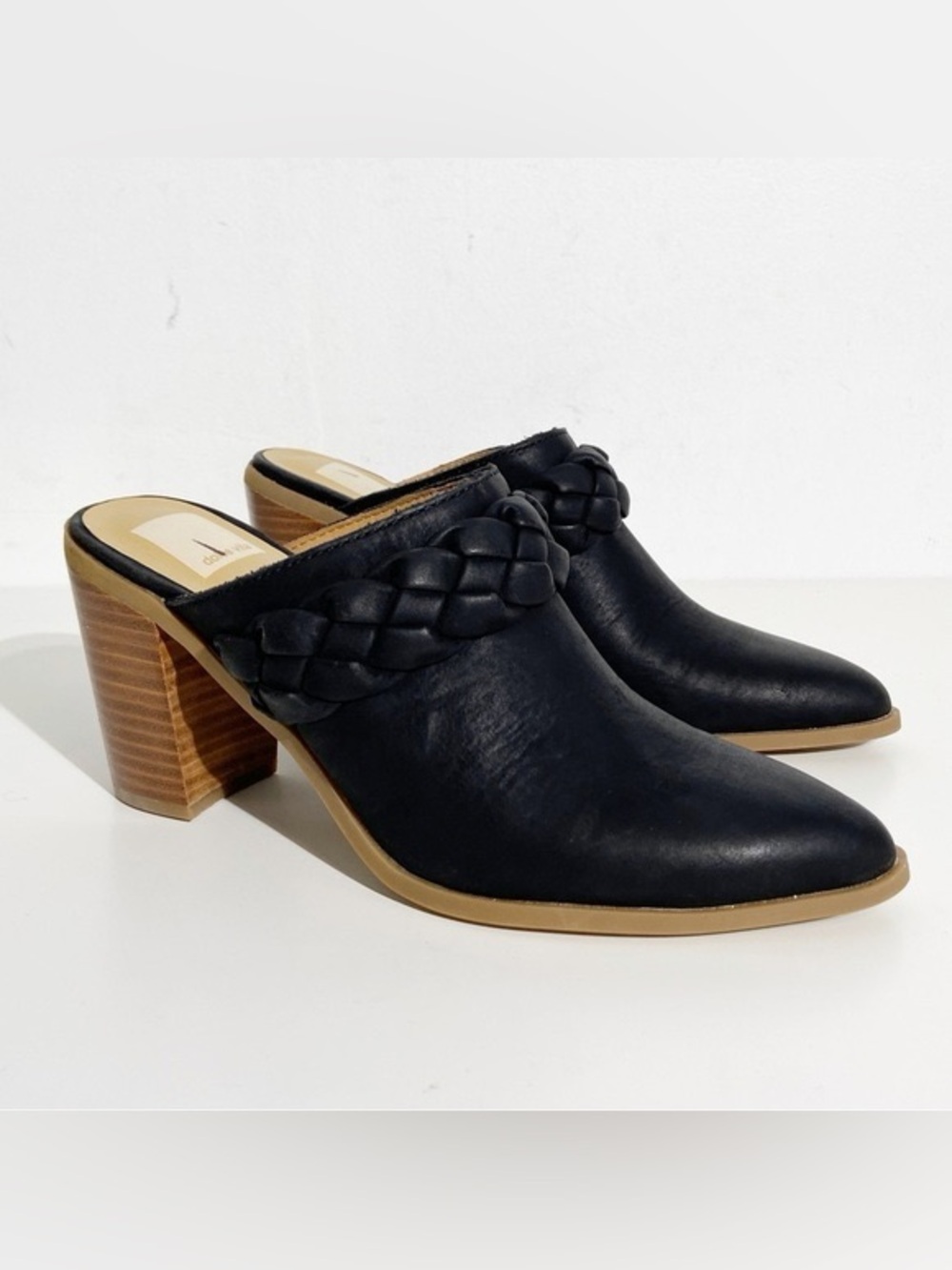 Dolce Vita Ronna Braided Block Heel Mules Black Pointed Toe Size 8.5 EUC